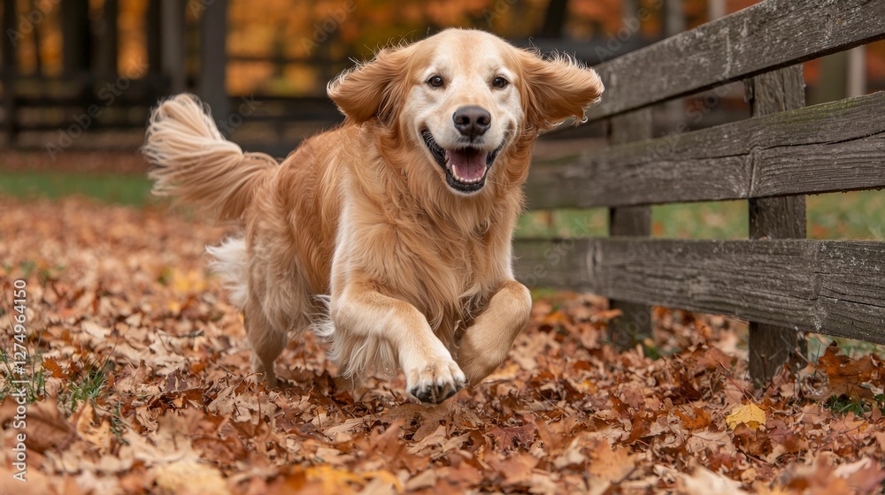 Happy Golden Retriever Running Through Autumn Leaves in Park Happy Golden Retriever Running Through Autumn Leaves in Park