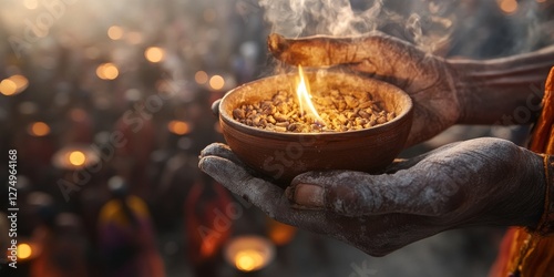 Pilgrim holding burning offering at kumbh mela in india