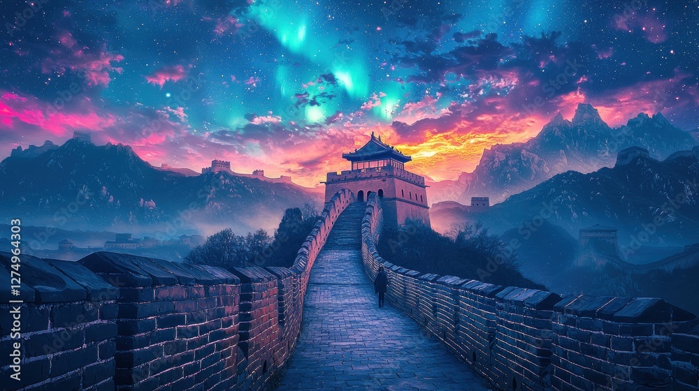 Fototapeta premium A solitary figure walks the Great Wall under a vibrant night sky