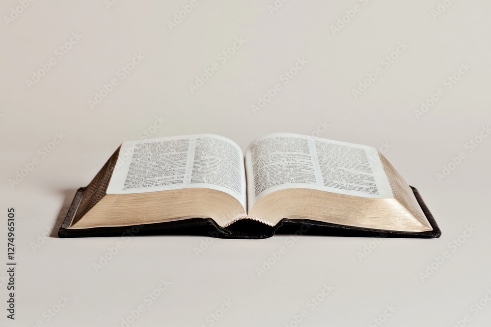 An open book with gold-edged pages, resting on a neutral background. An open book with gold-edged pages, resting on a neutral background.