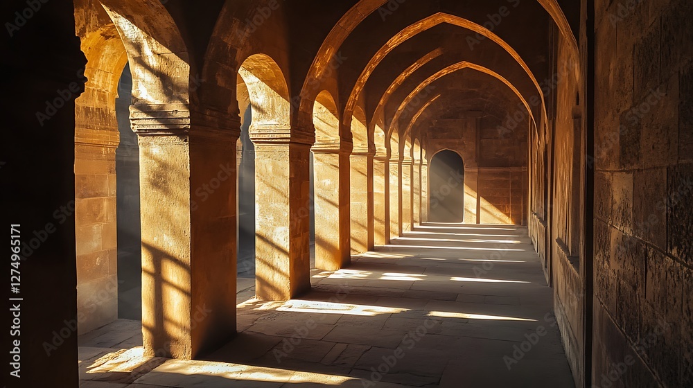 Obraz premium Light Streaming Through Ancient Stone Arches Creates a Dramatic Hallway Scene
