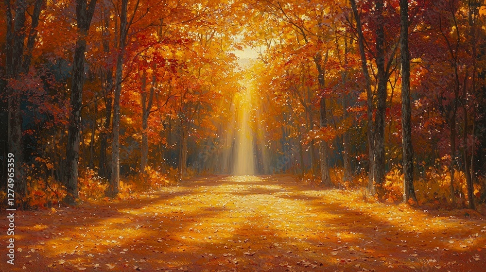 Obraz premium Serene Autumn Forest Path Golden Sunlight Misty Woods Fall Foliage Nature Scene