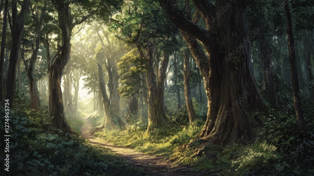 Sunlight Path Through Lush Forest, Ideal for Nature, Travel, or Inspiring Posters Sunlight Path Through Lush Forest, Ideal for Nature, Travel, or Inspiring Posters