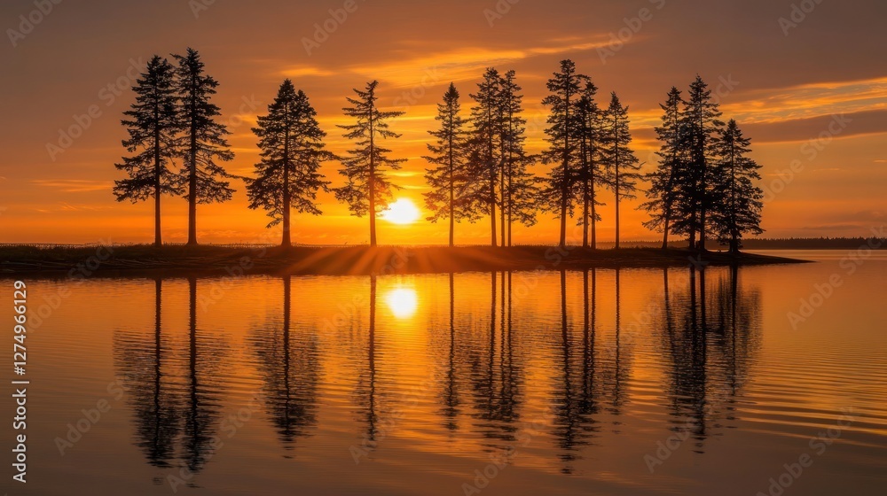 Fototapeta premium Sunset Silhouette Of Pine Trees Over Calm Water