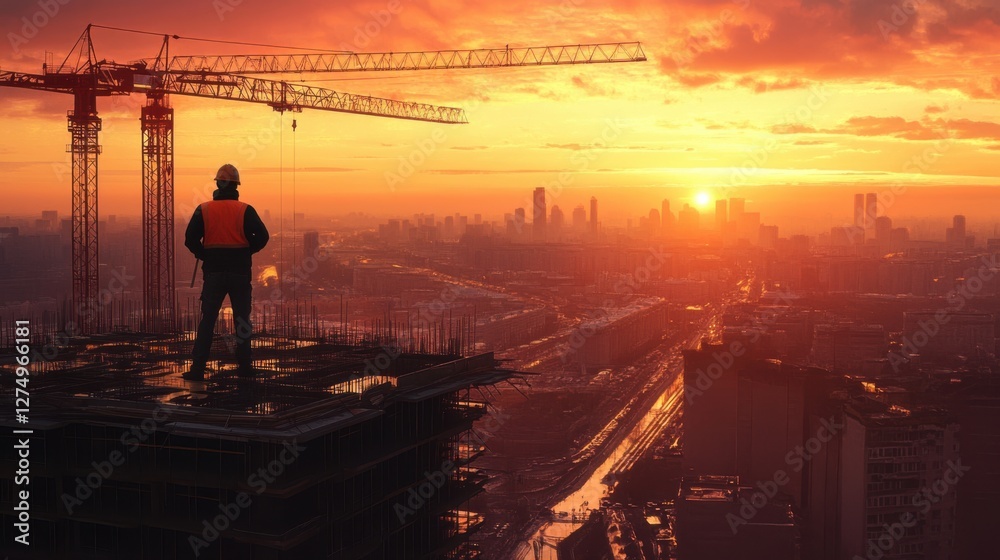 Fototapeta premium A construction worker standing on an unfinished skyscraper,
