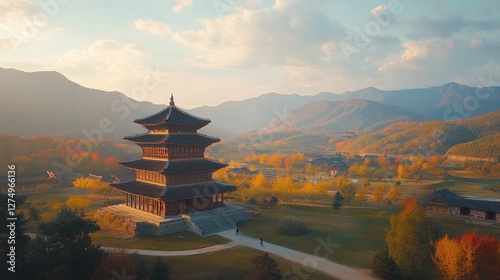 Autumnal Korean Pagoda Amidst Majestic Mountains