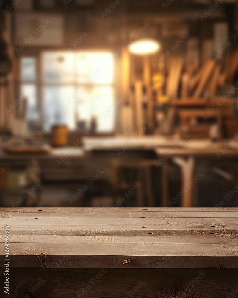 Wooden Tabletop in Blurred Woodworking Workshop Wooden Tabletop in Blurred Woodworking Workshop