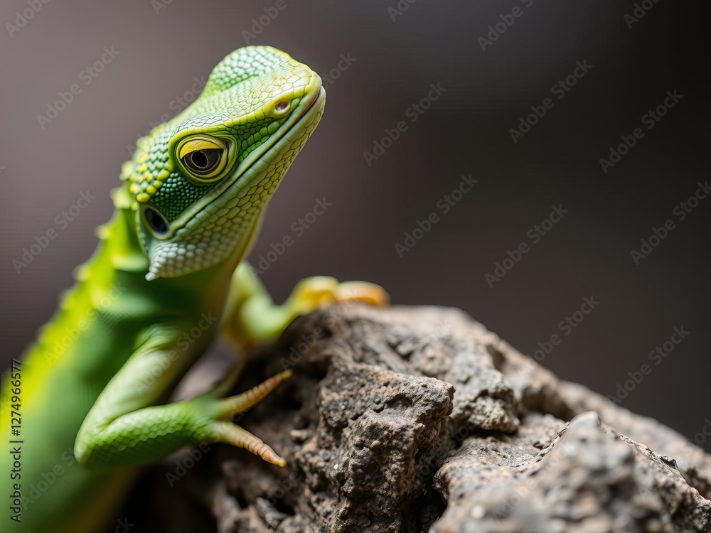 Fototapeta premium Close up of green lizard with yellow markings on rock in focused expression, focused expression, yellow markings, nature