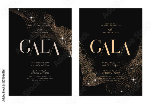 Charity gala dinner invitation features flowing, minimalist organic gold lines, glitter and stars on dark gray background, creating a sophisticated and elegant look