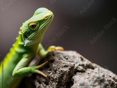 Close up of green lizard with yellow markings on rock in focused expression, focused expression, yellow markings, nature