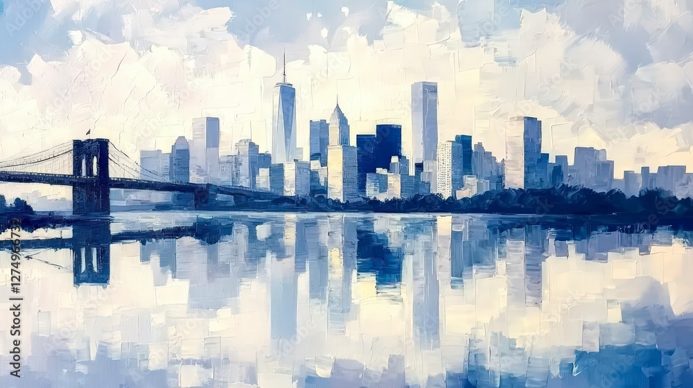 Fototapeta premium Abstract Cityscape Painting Brooklyn Bridge Skyline River Reflection