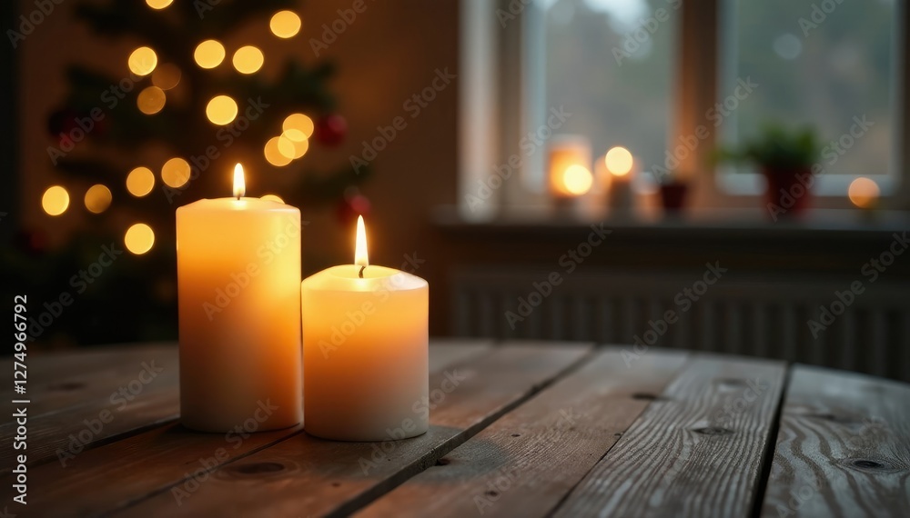 Softly glowing candles and Christmas tree on wooden table, soft light, Softly glowing candles and Christmas tree on wooden table, soft light,