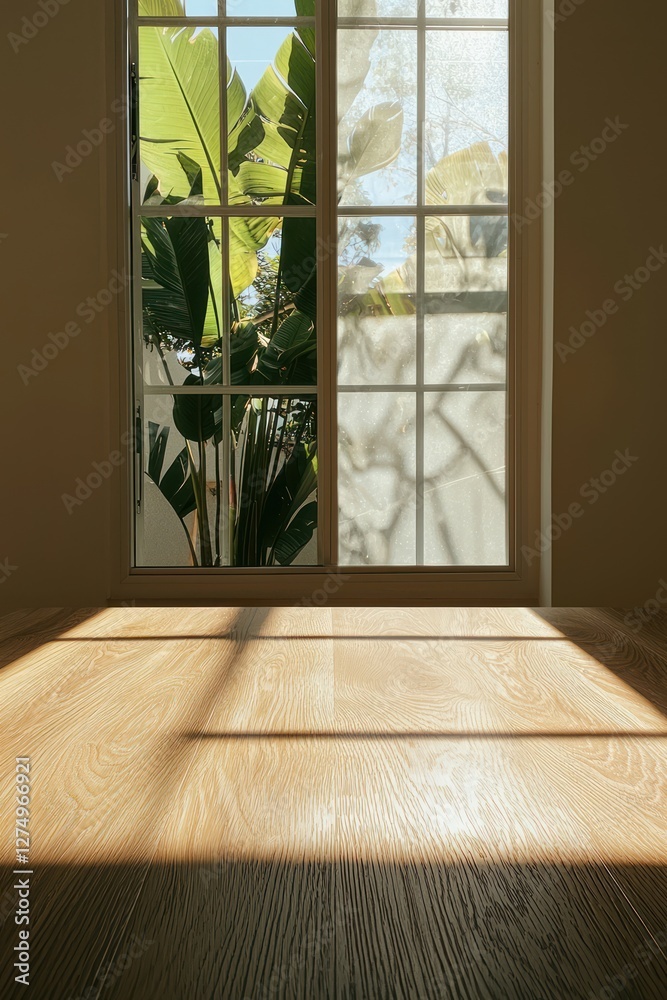 Fototapeta premium A sunlit interior with a wooden surface and shadows from plants outside the window.