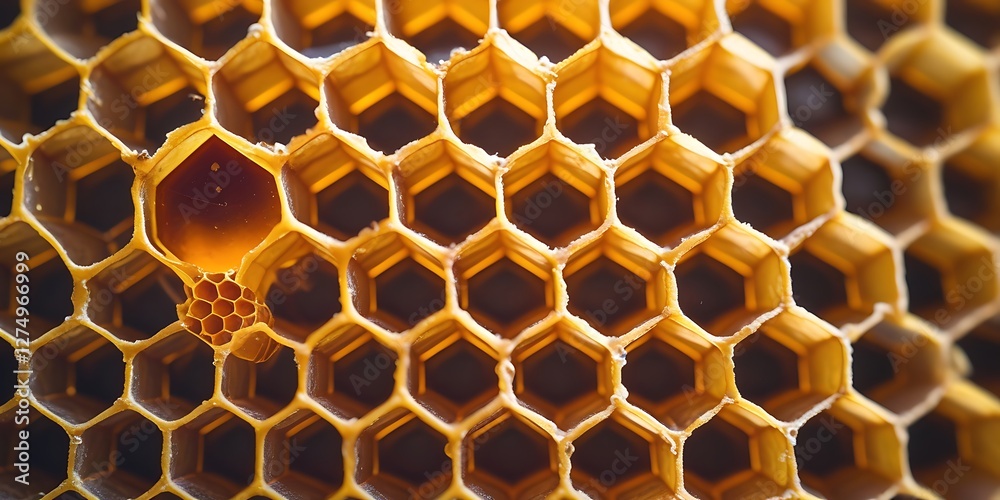 A vibrant macro shot of a natural honeycomb with hexagonal cells, emphasizing its golden tones, detailed patterns, and organic design
A vibrant macro shot of a natural honeycomb with hexagonal cells, emphasizing its golden tones, detailed patterns, and organic design