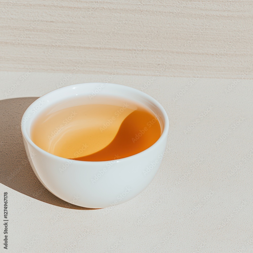 A white bowl filled with amber liquid, reflecting light on a minimalistic surface.