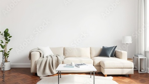 Modern Scandinavian living room with elegant design sofa, stylish blanket, coffee table, bookstand, white wall, and brown wooden parquet flooring, white wall, minimalistic, design sofa photo