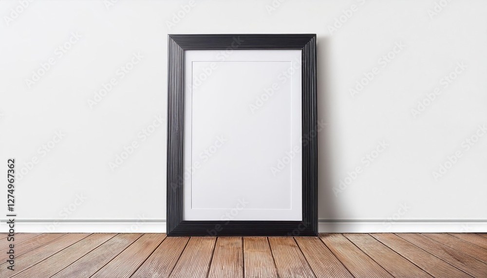 Black and White Minimalist Frame on Wooden Floor against Clean White Wall, Emphasizing Texture Contrast in Modern Artistic Composition