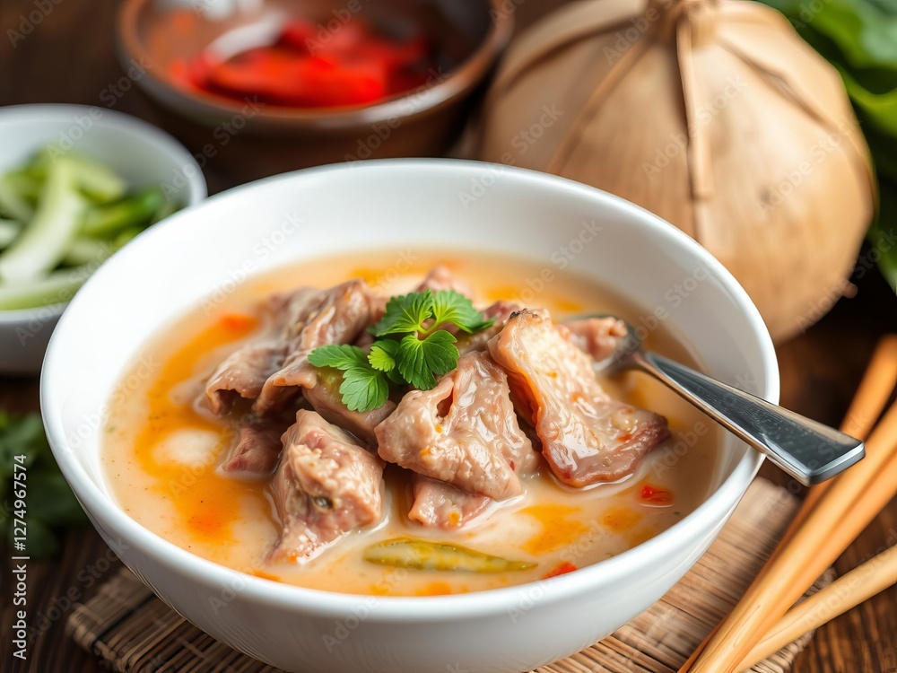 Dried red pork coconut curry panaeng with spices and herbs in a traditional Thai bowl, red pork, Thai bowl, coconut milk Dried red pork coconut curry panaeng with spices and herbs in a traditional Thai bowl, red pork, Thai bowl, coconut milk