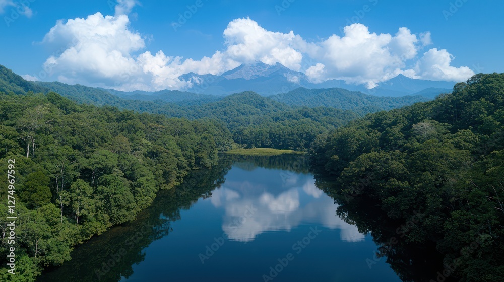 A serene landscape featuring a river reflecting mountains and clouds in a lush forest setting. A serene landscape featuring a river reflecting mountains and clouds in a lush forest setting.