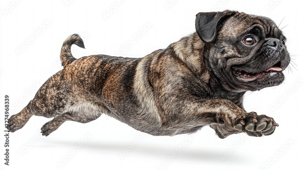 Playful Pug Dog Leaping Happy Pet Brown Fur Canine Jump White Background Playful Pug Dog Leaping Happy Pet Brown Fur Canine Jump White Background