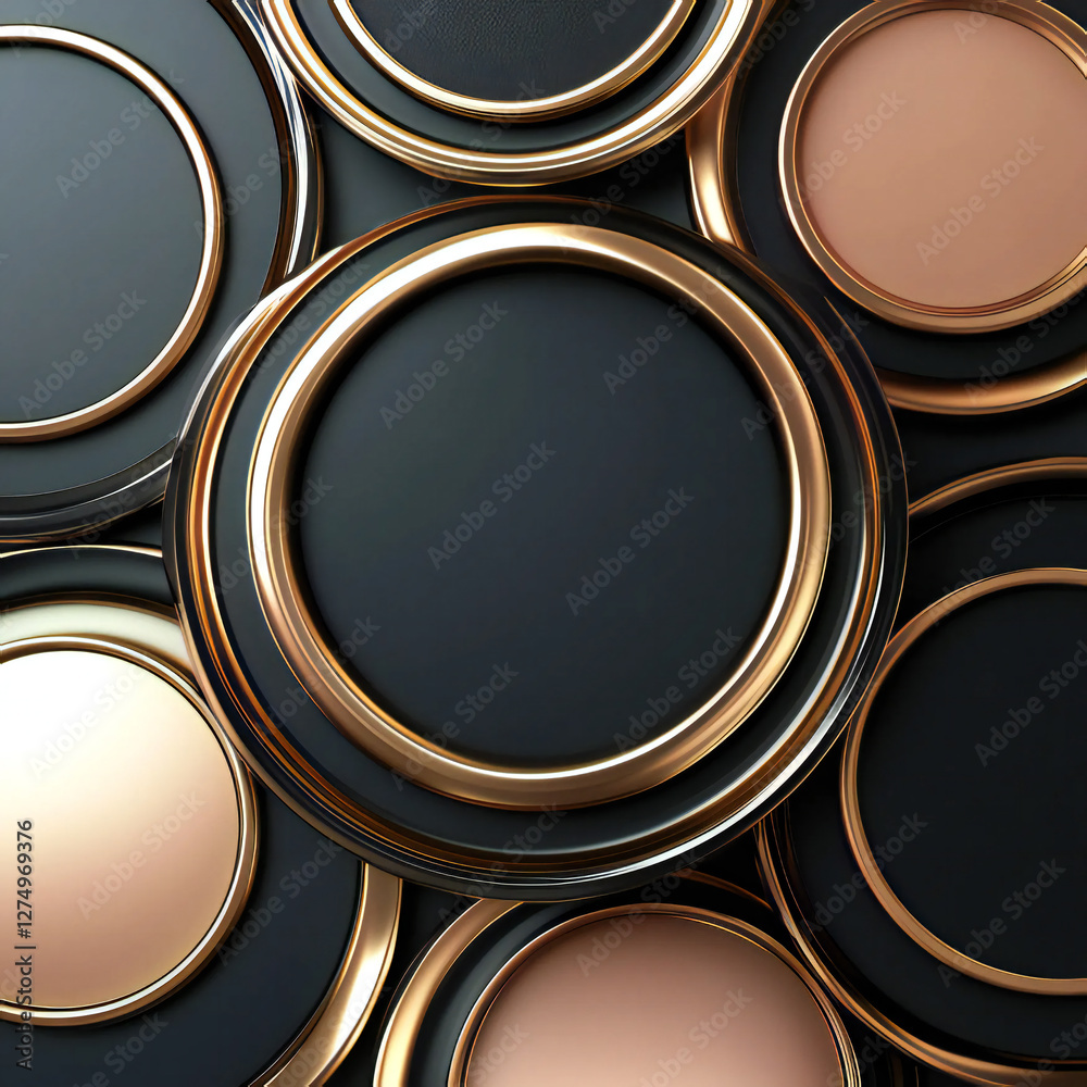 A collection of luxurious geometric backgrounds in gold, rose gold, and black frames, featuring abstract 3D circle backdrops for cosmetic products, with ample copy space and a top view perspective A collection of luxurious geometric backgrounds in gold, rose gold, and black frames, featuring abstract 3D circle backdrops for cosmetic products, with ample copy space and a top view perspective