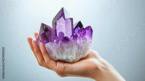 Hand holding amethyst crystal cluster studio setting photography minimalist background close-up view natural beauty and healing properties