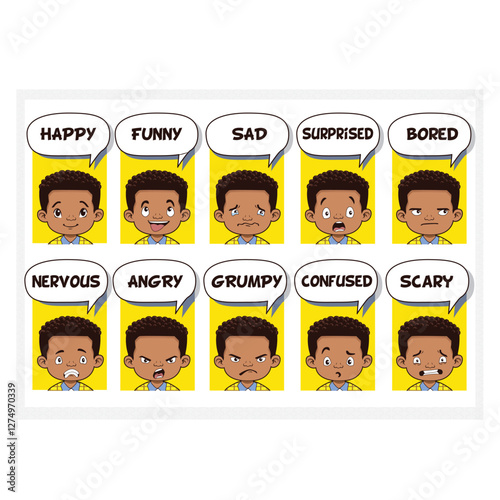 Colorful cartoon illustrations of people’s faces showing different emotions for kids’ learning.
