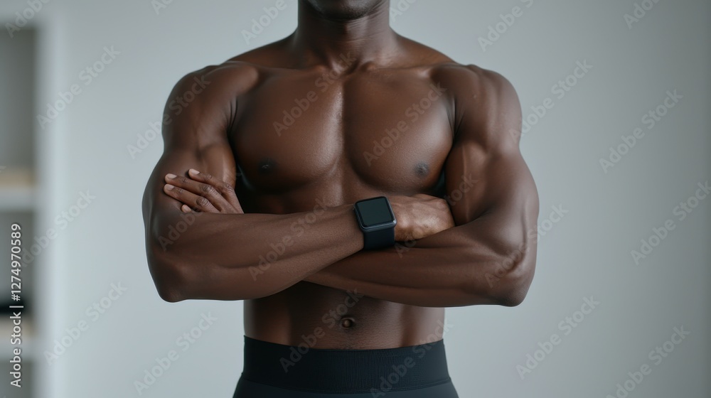 Fototapeta premium Fitness enthusiast showcasing strength and determination in a modern gym environment close-up view of muscular physique