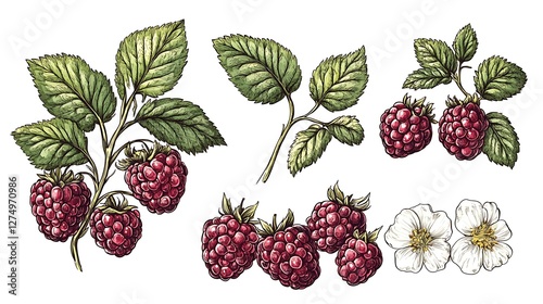Hand drawn raspberries, leaves, and flowers