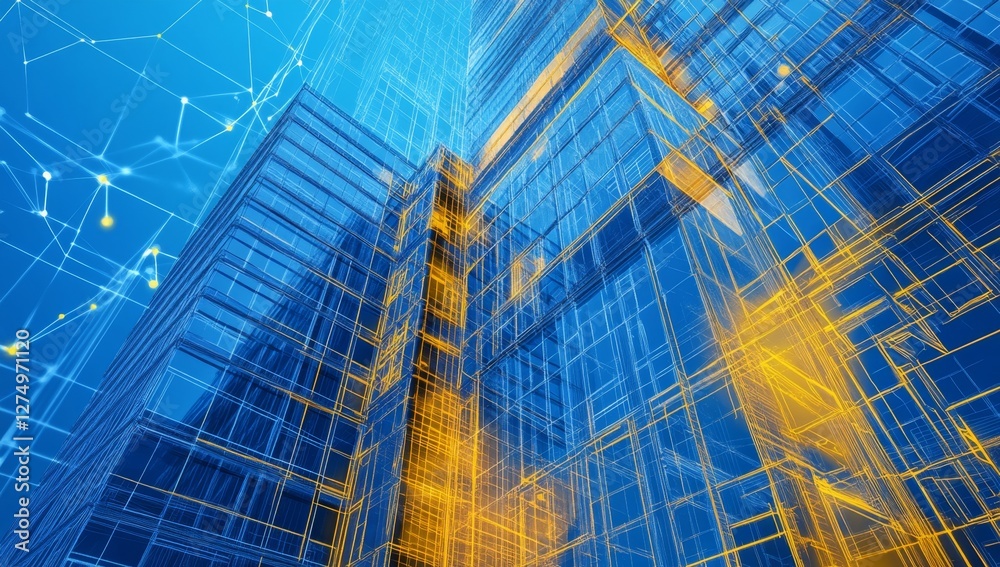 Fototapeta premium Modern city, digital network, skyscraper, low angle, wireframe, architecture, connection, business, technology, presentation