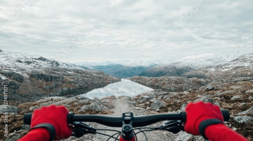 Mountain biking adventure norwegian highlands outdoor activity scenic landscape first-person view thrill of nature