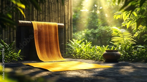 A serene outdoor setting featuring a vibrant yellow mat and a clay pot surrounded by lush greenery photo