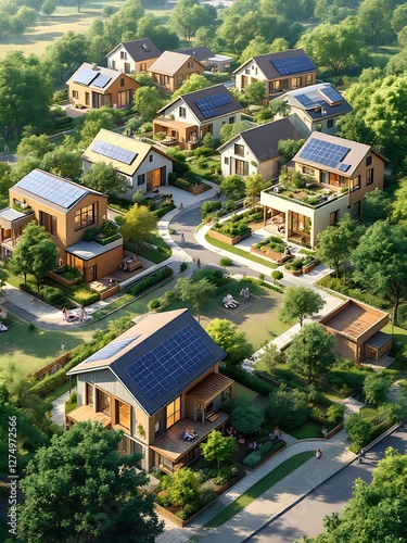 Eco Friendly Houses in Sustainable Community Integrating Solar Panels and Green Initiatives Project