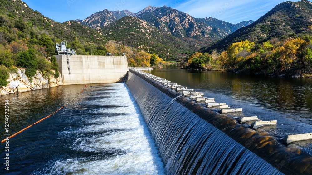 Wide View of Scenic Dam with Flowing Water Surrounded by Lush Green Mountains and Blue Sky Wide View of Scenic Dam with Flowing Water Surrounded by Lush Green Mountains and Blue Sky