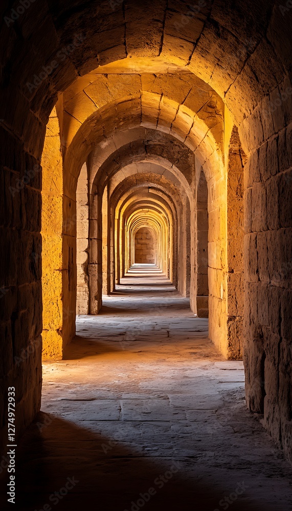 Naklejka premium Ancient stone arches, sunlit tunnel, historical site, perspective