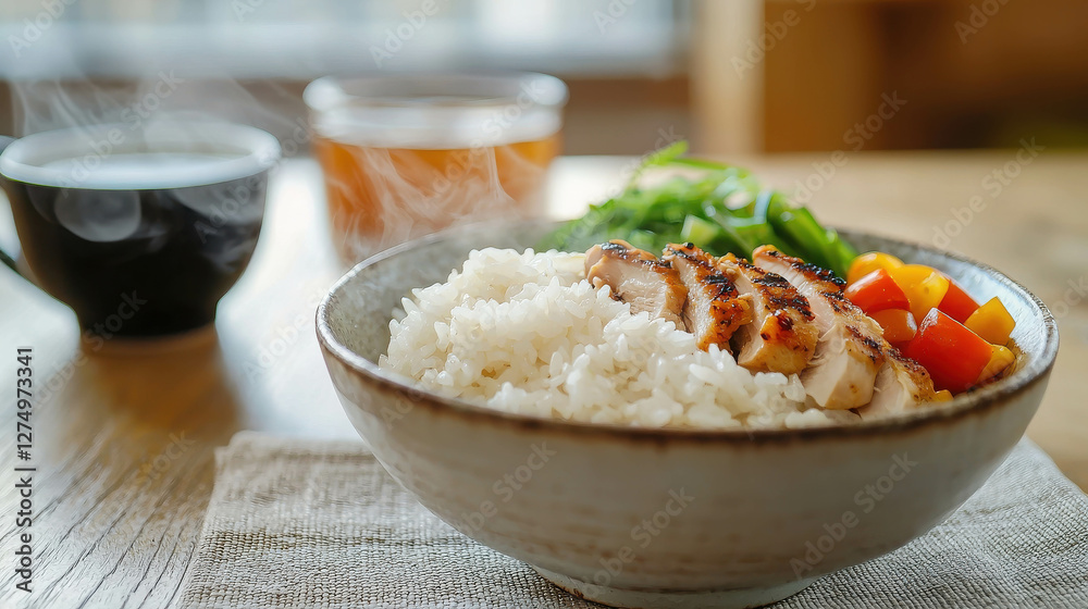 Simple Home Cooked Meal Served on Wooden Table with Rice and Grilled Chicken Simple Home Cooked Meal Served on Wooden Table with Rice and Grilled Chicken