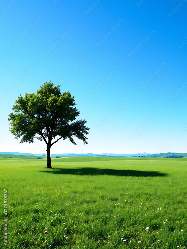 Obraz premium Solitary Tree Casting Shadow on Verdant Meadow Under Azure Sky A Serene Landscape Image