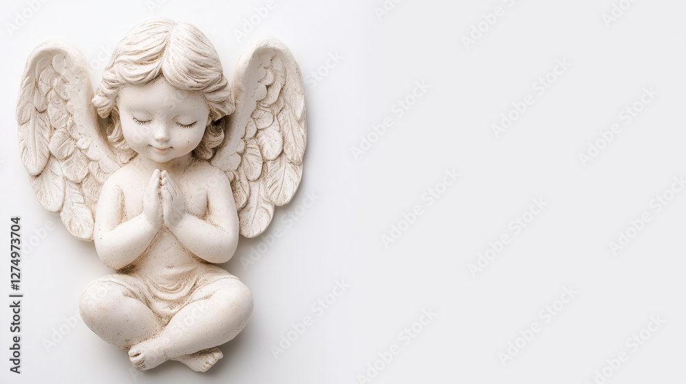 Serene angel figurine with wings and folded hands on white background
