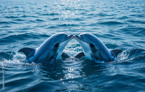 Romantic dolphin kiss above deep blue ocean, playful and intimate wildlife moment, World Wildlife Day concept, marine love and connection