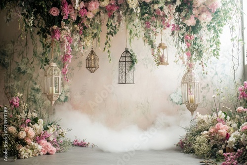 Fototapeta Naklejka Na Ścianę i Meble -  Floral backdrop, lanterns, studio, romantic, wedding