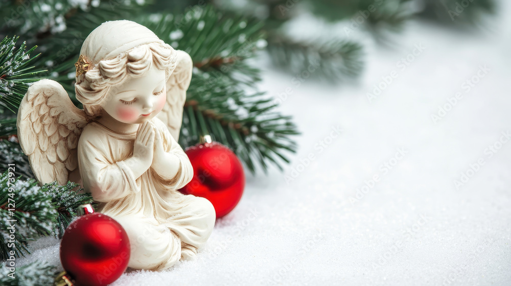 A ceramic angel figurine with folded hands sits on snowy ground, surrounded by pine branches and red Christmas ornaments. A ceramic angel figurine with folded hands sits on snowy ground, surrounded by pine branches and red Christmas ornaments.