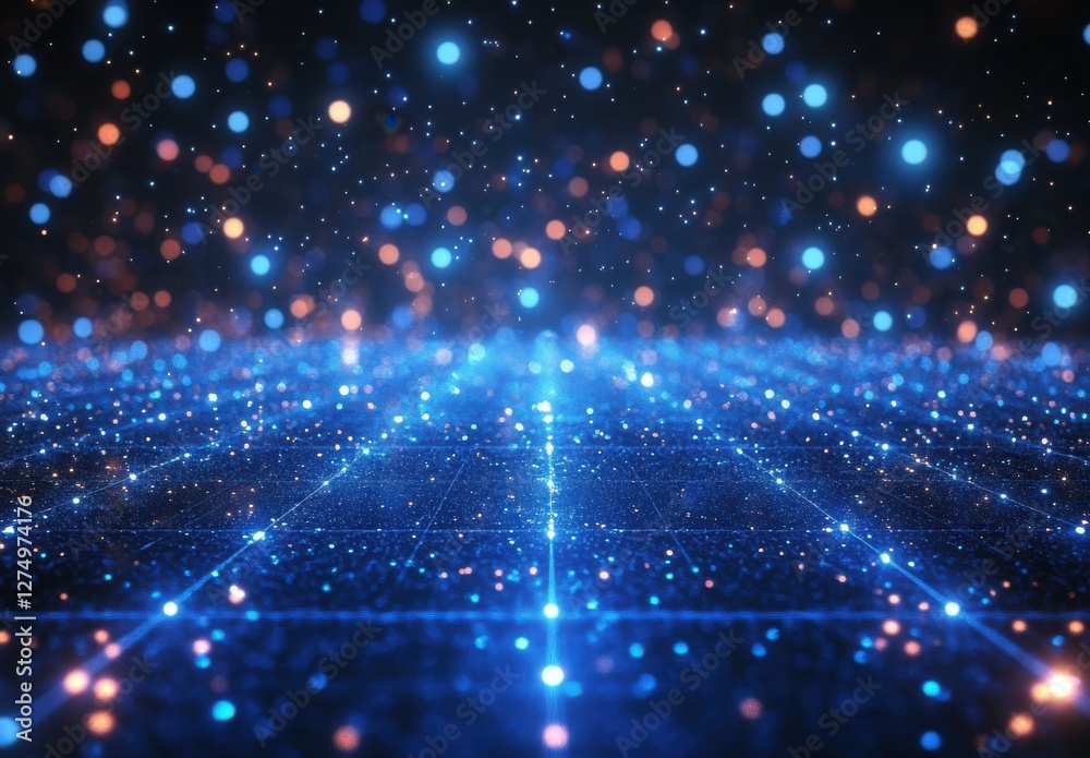 Fototapeta premium Abstract digital landscape with glowing blue and orange particles on a dark background, representing technology, data, and virtual reality concepts.