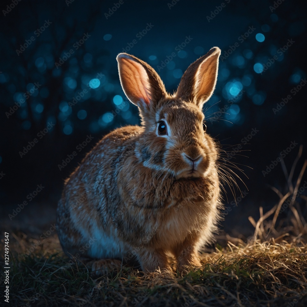 Fototapeta premium A glowing rabbit with shimmering fur under the moonlight.