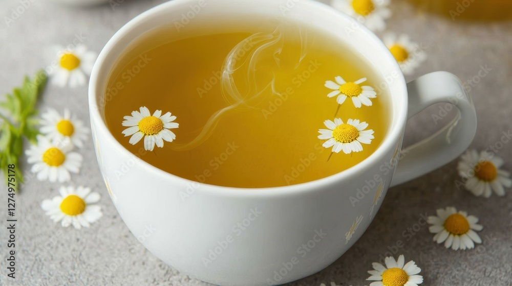 Relaxing herbal tea with chamomile flowers home kitchen beverage photography cozy environment close-up view wellness concept Relaxing herbal tea with chamomile flowers home kitchen beverage photography cozy environment close-up view wellness concept
