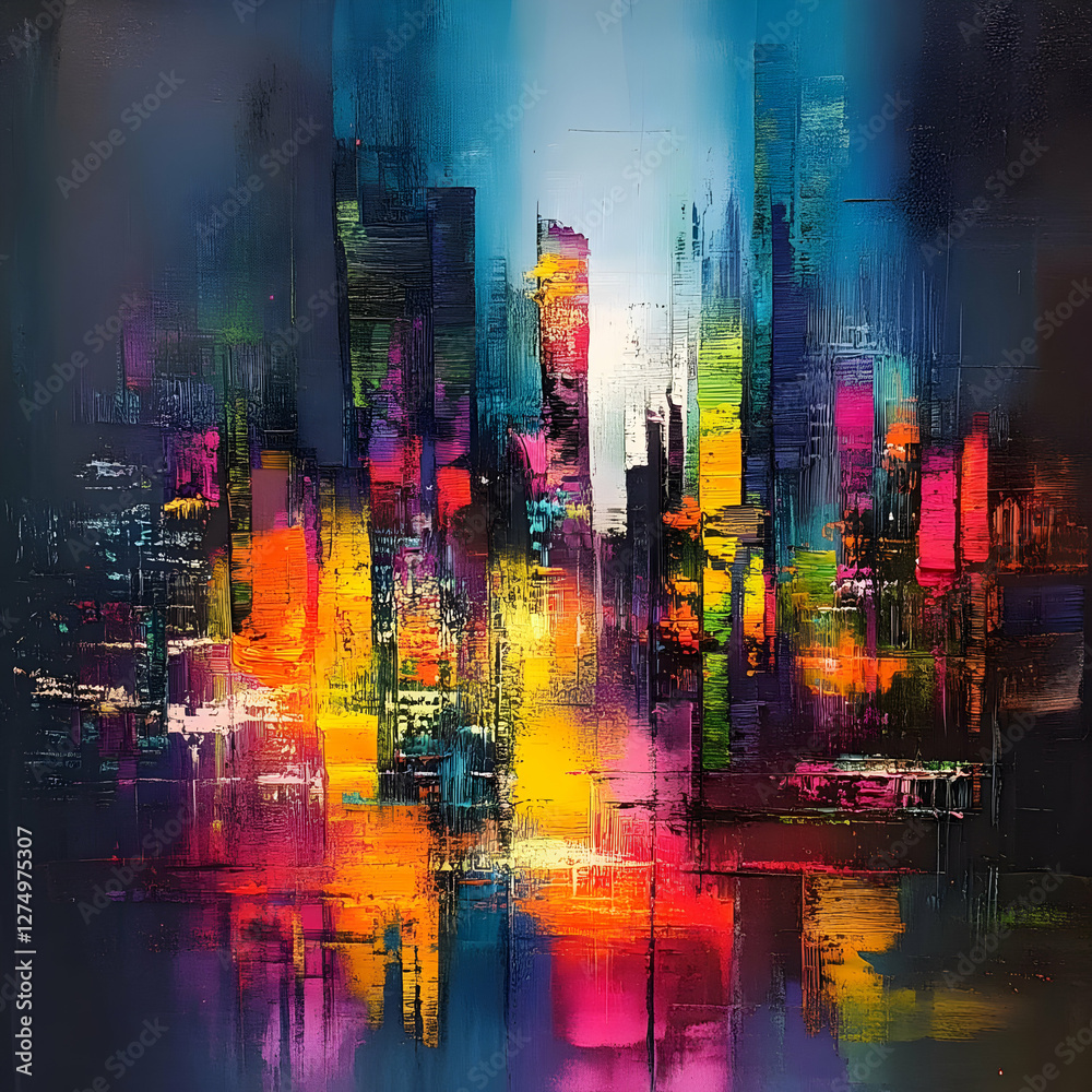 Obraz premium A vibrant abstract cityscape with bright colors and dynamic brushstrokes.
