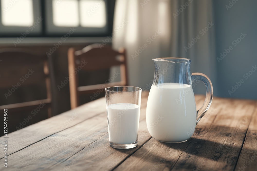 Fresh Milk in Glass and Pitcher on Rustic Wooden Table with Sunlight Streaming In Fresh Milk in Glass and Pitcher on Rustic Wooden Table with Sunlight Streaming In