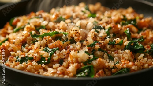 A close-up of sautéed cauliflower rice with spinach, showcasing a healthy meal.