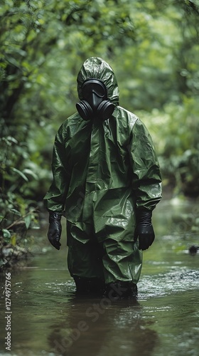A person in a green rain suit and gas mask wades through a lush, forested creek.