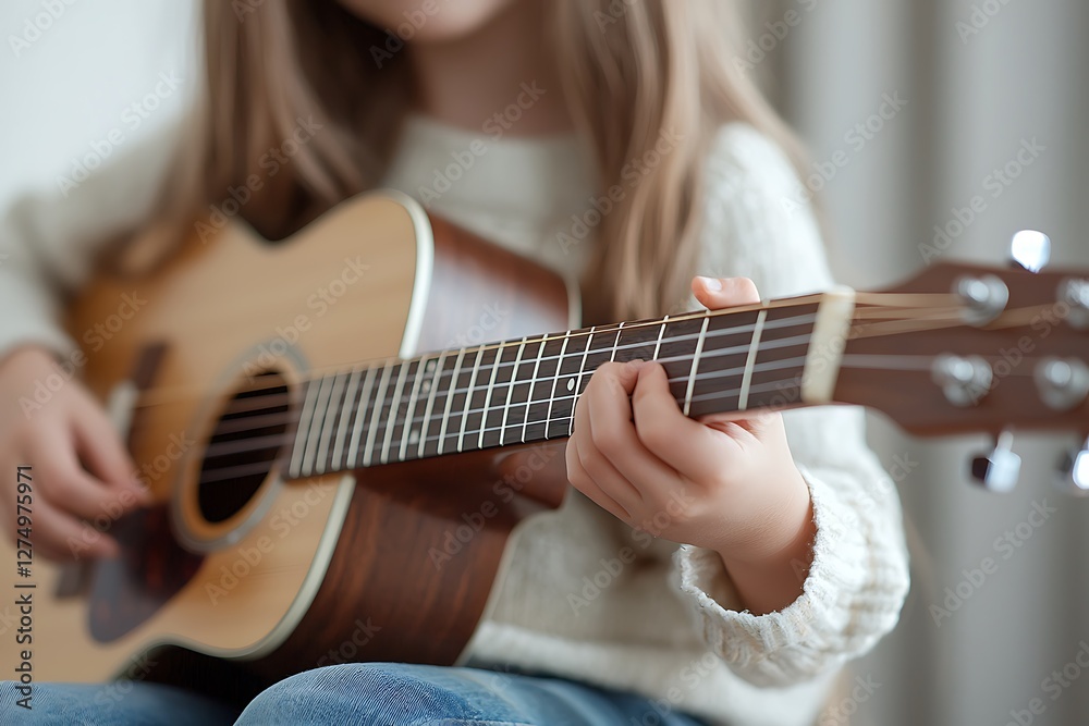 Fototapeta premium Close-up of a child playing acoustic guitar in a cozy indoor setting musical creativity