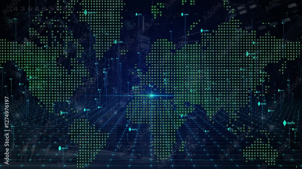 World map. Techno backdrop. Data flow, matrix like motion. International connectivity themed. Data flowing through Cyberspace.